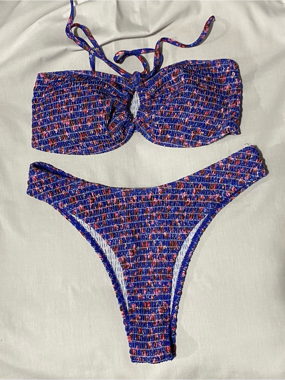 Smocked Bandeau Bikini Set in Blue with Pink Accents